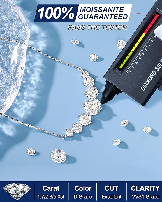 TUHE 7 Stones Moissanite Necklace for Women, 1.7-5.0 Carat Smile Moissanite Pendant Necklace 18k Gold Plated Sterling Silver 16.5+2.5 inch Box Chain Tennis Necklaces with Certificate of Authenticity