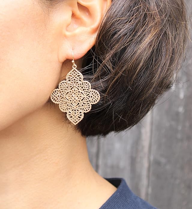 POMINA Floral Celtic Filigree Gold Dangle Drop Earring Boho Fashion Geometirc Filigree Earrings for Women