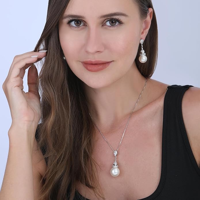 Jewelry set for Women Trendy Elegant 14K Gold/Silver Plated Imitation Pearl Necklace Pendant Earrings and Ring Inlaid With CZ - Wedding Fashionable Jewelry Gift