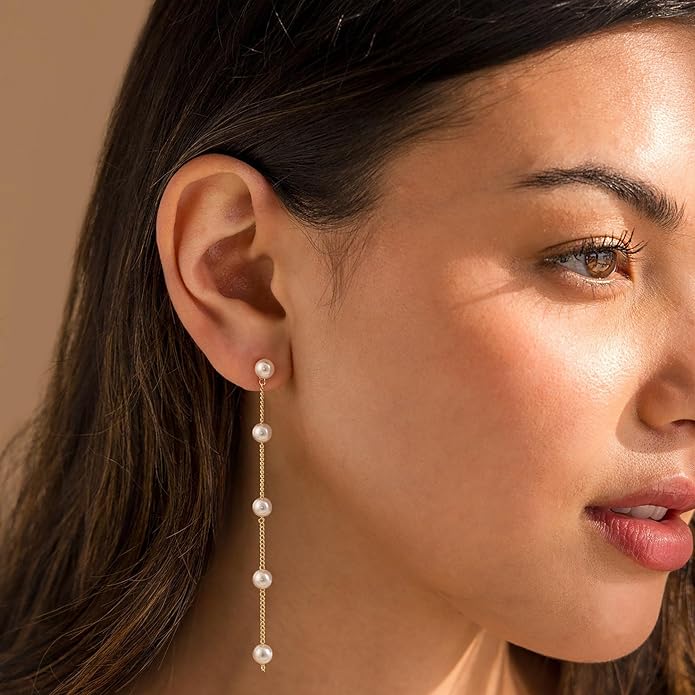 Moodear Gold Dangle Earrings for Women Trendy Dainty 14K Gold Plated Pearl Flower Dangle Drop Stud Chain Earrings Hypoallergenic Long Dangle Earrings for Women Wedding Jewelry Gifts
