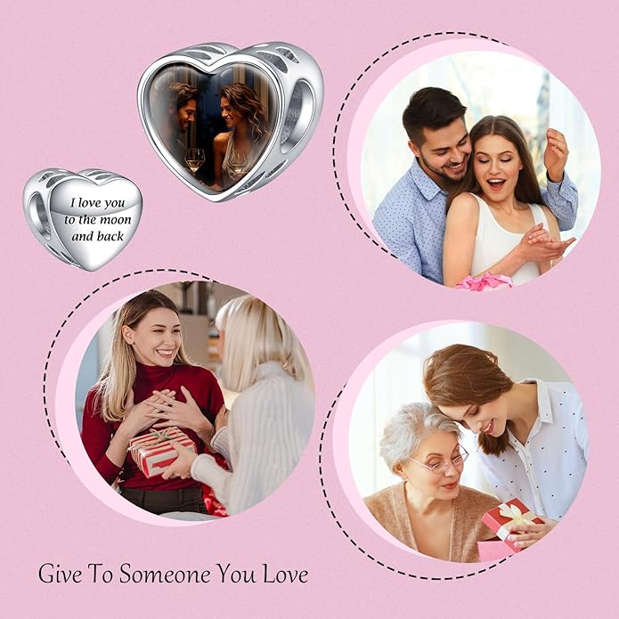 Annmors Personalized Photo Charms For Bracelets/Necklace 925 Sterling Silver Love Heart Shaped Engraved Customize Picture Gift for Birthday Mother's Day,Bead Charms Jewelry for Women