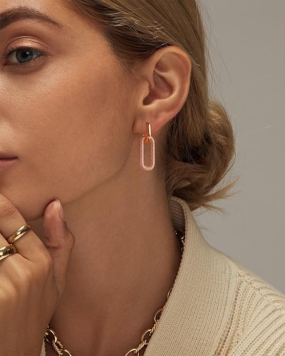 Gold Earrings for Women Trendy, Simple Dainty 14K Gold Plated Paperclip Square Chain Link Dangle Hoops Earrings Pin Stud Huggie Earrings Lightweight Hypoallergenic Minimalist Aesthetic Gold Jewelry for Christmas Gifts