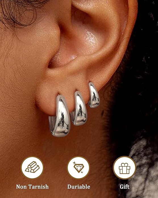 BESTEEL 3Pairs 14K Gold Plated Hoop Earrings Set for Women Chunky Earring Silver Plated Hypoallergenic Small Huggie Hoops Lightweight Tiny Thick Trendy Hoop Earrings Stacks for Multiple Piercing