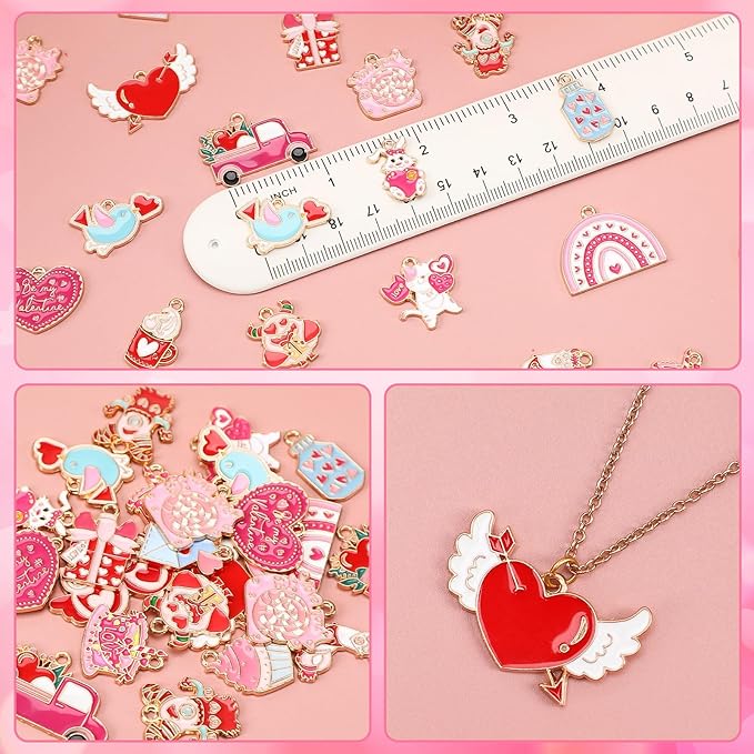 MARFOREVER 40 Pcs/20 Pairs Valentines Charms for Jewelry Making, Heart Charms for Jewelry Making Gold Enamel Red Pink Romantic Love Charm Pendants for Valentine's Day Bracelet Necklace Earrings Making
