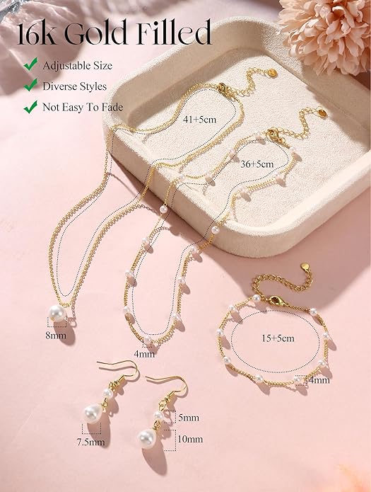 YADOCA Gold Jewelry Set for Women - 16K Gold Plated Pearl Necklace and Earring Set With Drop Earrings,Charm Layered Necklace,Adjustable Bracelets - Dainty Women's Pearl Jewelry Set For Wedding Gifts