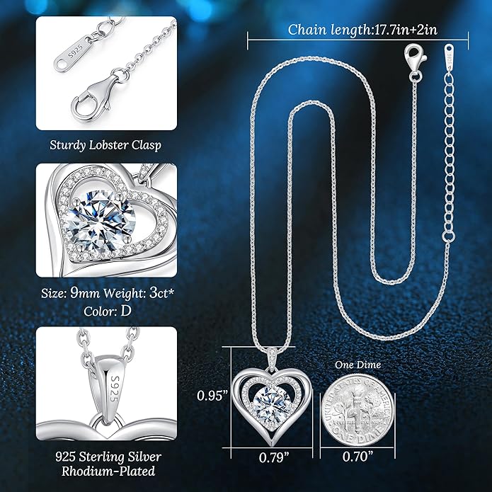 Valentine's Day Gift Moissanite Heart Pendant Necklaces for Women, 925 Sterling Silver Necklace Engraved with 'I LOVE YOU', Ideal Anniversary Birthday Jewelry Gifts for Mom Wife Girlfriend Daughter Her
