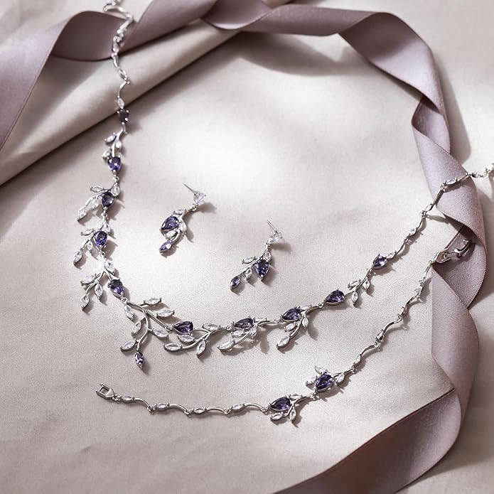 EVER FAITH Wedding Jewelry for Bride Women Bridesmaid, Sparkly Cubic Zirconia Pear-Shaped Birthstone Leaf Necklace Earrings Set for Prom