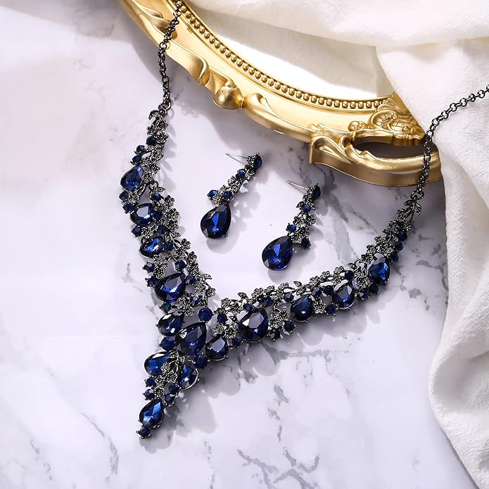 BriLove Women's Wedding Bridal Austrian Crystal Teardrop Flower Cluster Statement Necklace Dangle Earrings Jewelry Set for Party Prom