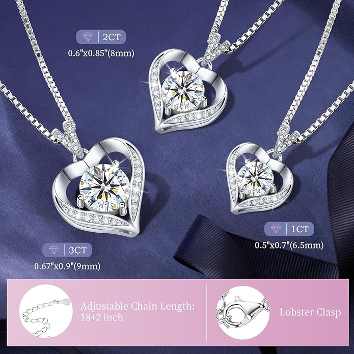 Gorgeous Moissanite Necklaces for Women - Valentine's Day Gifts for Wife Girlfriend, 925 Sterling Silver 1-3CT Moissanite Pendant Jewelry, Wedding Anniversary Birthday Christmas for Mom
