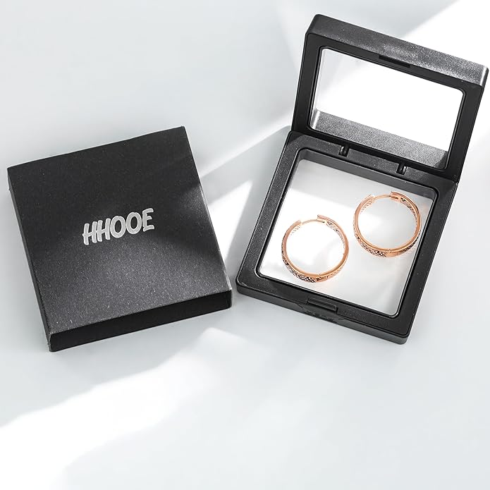 Rose Gold Hoop Earrings for Women, 925 Silver-Plated Thickened Hypoallergenic Earrings, CZ Black Gemstone-Inlaid Earrings - Women's Fashion Jewelry