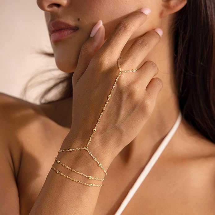 Valentine Gift 14K Gold Plated Hand Chain Bracelet for Women Trendy, 2 Pcs Stackable Gold/Silver Finger Ring Bracelet Hand Chain Dainty Non Tarnish Waterproof Set Jewelry Adjustable 7'+2