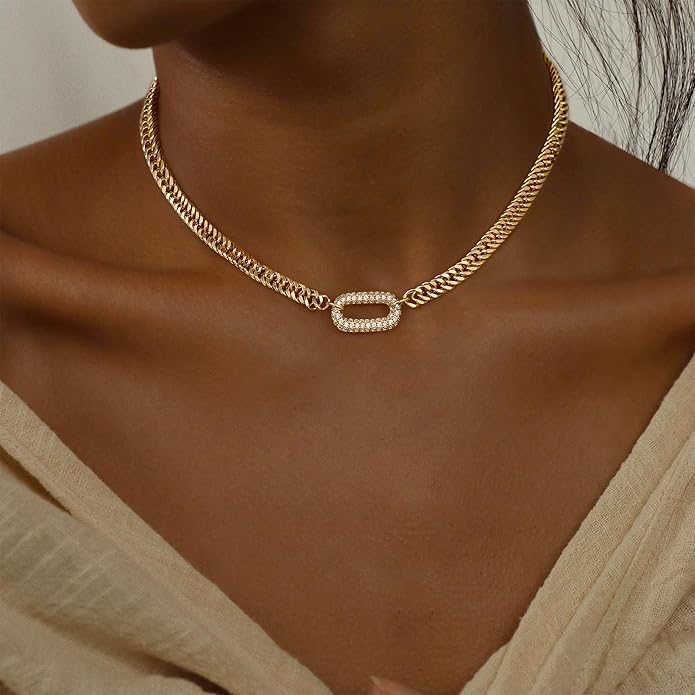 Gold Necklace for Women - Chunky 14K Gold Plated Chain Necklace Cuban Link Paperclip Chain Herringbone Statement Choker Necklace for Women Simple Trendy Jewelry Gifts