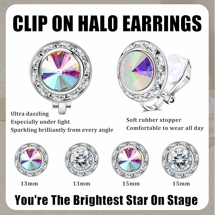 Clip on Dance Earrings for Women Crystal Halo Rhinestone Earrings for Competitions Performance Stage Wedding Party