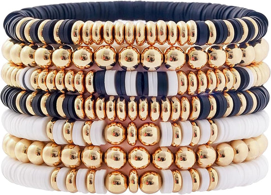 GOOJIDS Surfer Heishi Clay Bead Bracelets for Women Bohemian Stackable Gold Plated Beaded Stretch Bracelets Elastic Layering Friendship Bracelets Set Boho Jewelry