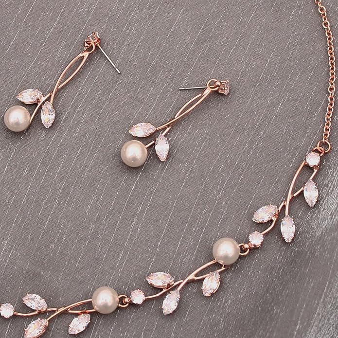 Luxury Cubic Zirconia Aurtrian Crystal Pearl Floral Necklace Dangle Earrings Wedding Bridal Jewelry Set Birthday Gifts for Her