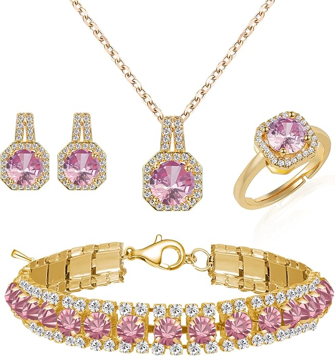 4pcs Cubic Zirconia Wedding Jewelry Sets for Bride Bridesmaid Cubic Zirconia Pendant Necklace Earrings Link Tennis Bracelet Open Ring Set for Women