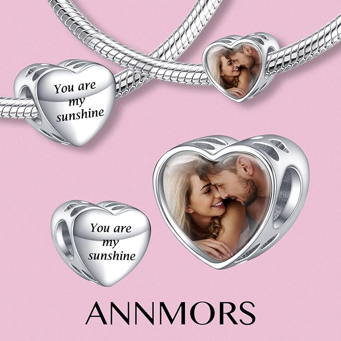 Annmors Personalized Photo Charms For Bracelets/Necklace 925 Sterling Silver Love Heart Shaped Engraved Customize Picture Gift for Birthday Mother's Day,Bead Charms Jewelry for Women