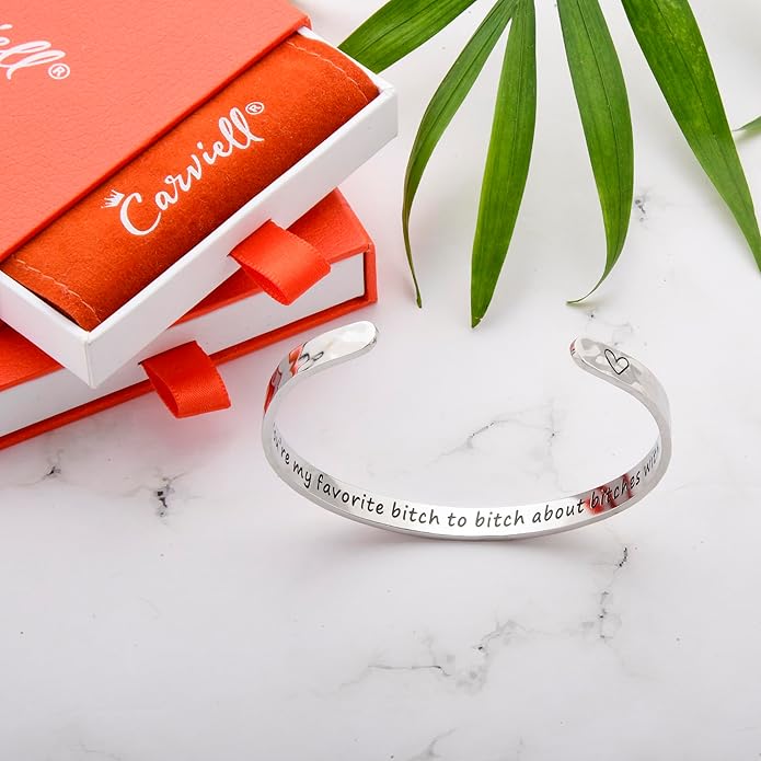 Carviell Engraved Cuff Bracelets for Women – Inspirational, Friendship, Love, Mom, Daughter, Sister, Christian, Graduation, Memorial & Wedding Gifts – 80+ Phrases – Stainless Steel, Gift-Ready