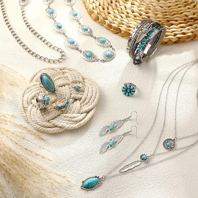 Geyoga 9 Pcs Western Jewelry For Women Bohemian Turquoise Jewelry Set Turquoise Necklace Dangle Earrings Rings Waist Chain Western Bracelets for Women Holiday Gift