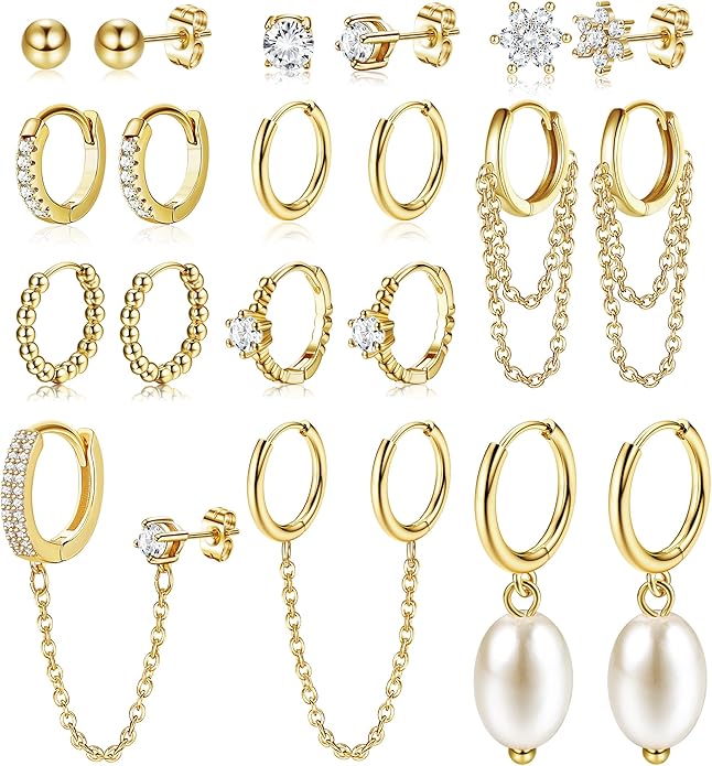 HAIAISO Small 14K Gold Plated Huggie Hoop Earrings for Women Lightweight Double Piercing Chain Earrings Dainty Stud Earrings Hypoallergenic 14K Gold Plated Hoop Earrings Set