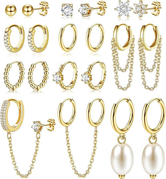 HAIAISO Small 14K Gold Plated Huggie Hoop Earrings for Women Lightweight Double Piercing Chain Earrings Dainty Stud Earrings Hypoallergenic 14K Gold Plated Hoop Earrings Set