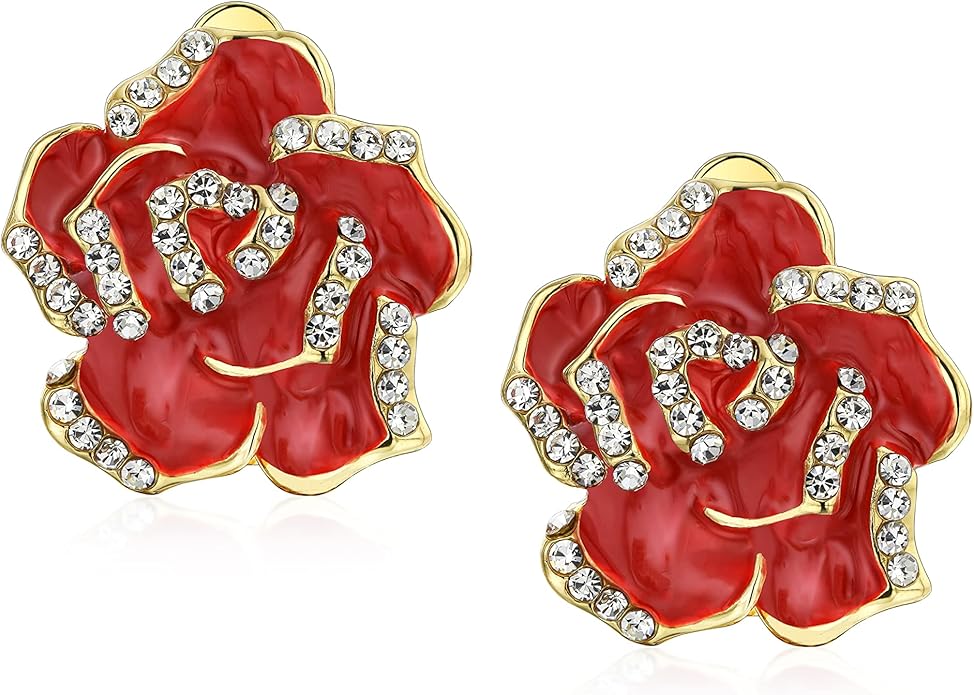 Pink Red Enamel Flower Crystal Edge Spring Retro Floral Rose Clip On Earrings For Women Non Pierced Ears 14K Gold Plated