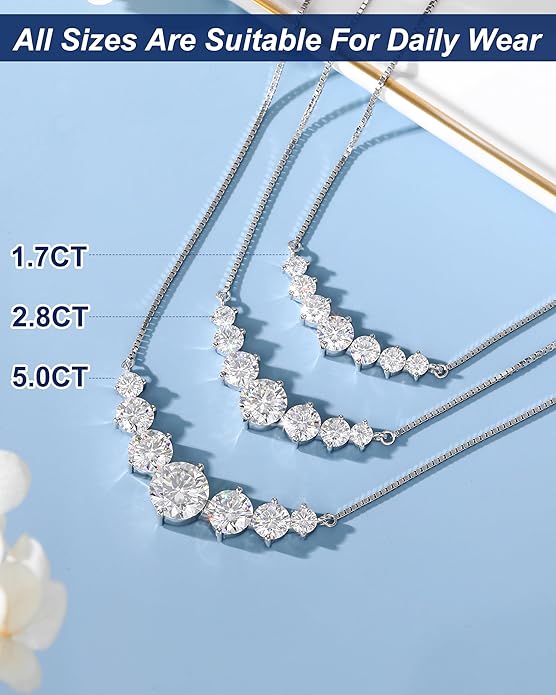 TUHE 7 Stones Moissanite Necklace for Women, 1.7-5.0 Carat Smile Moissanite Pendant Necklace 18k Gold Plated Sterling Silver 16.5+2.5 inch Box Chain Tennis Necklaces with Certificate of Authenticity