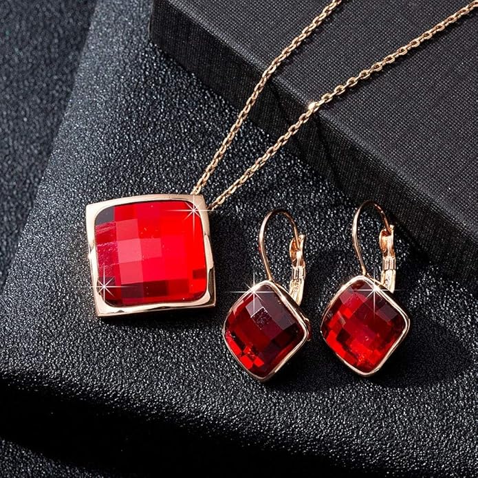 EVEVIC Square Austrian Crystal Necklace Earrings for Women Fashion 18K Gold Plated Hypoallergenic Jewelry Set