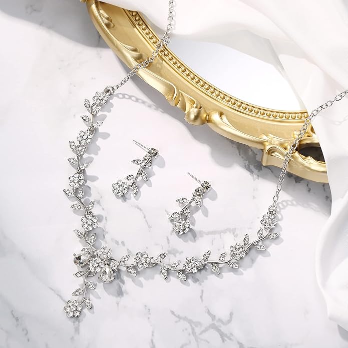 BriLove Women's Wedding Jewelry Leaf Cluster Flower Crystal Dangle Earrings Pendant Necklace Set for Bridal