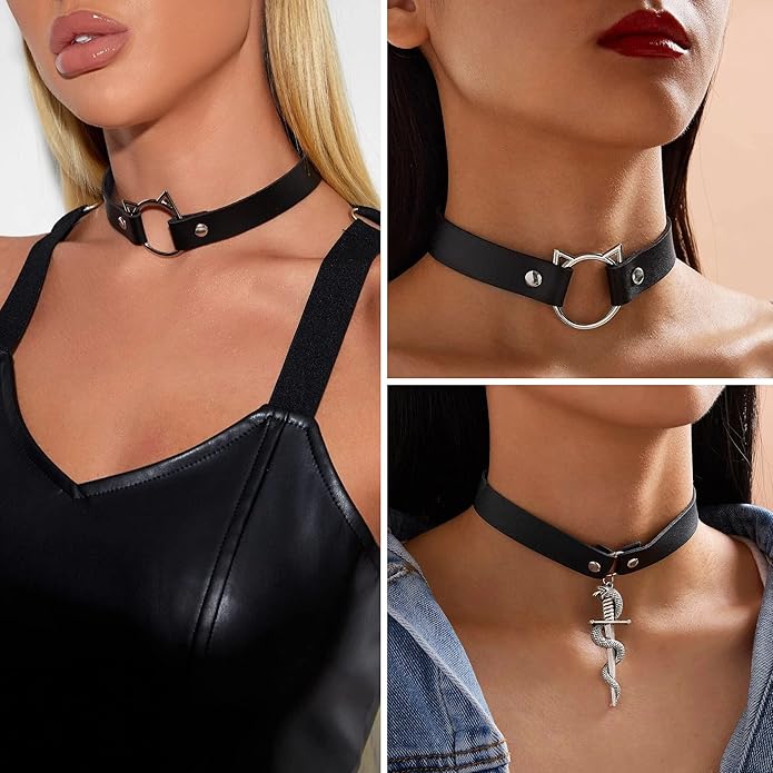 HAIAISO 6-9pcs Leather Punk Goth Choker Necklace with Love Heart Spikes, Adjustable Pu Collar for Women
