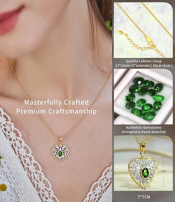 Raneecoco Natural Gemstone Necklace for Women 18K Gold Plated Sterling Silver Two-Tone Tree of Life & Love Heart Pendant Jewelry | Dainty Birthstone Gift For Her Mother Wife