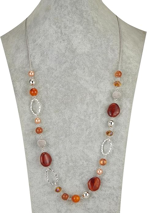 BULINLIN Beaded Long Necklace for Women Silver Sweater Chain Necklace with Crystal Resin Beads, Fashion Jewelry Necklace