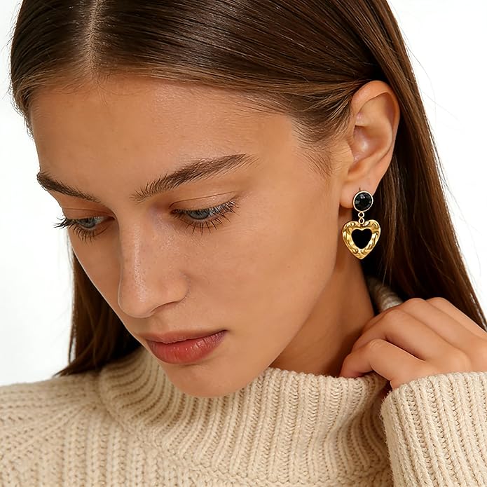 Black/White/Red/Green/Blue/Brown Heart Earrings for Women, Gold Plated Vintage Gold Earrings with Hypoallergenic Posts,Lightweight Black and Gold Dangle Statement Jewelry, Gift for Women—Girlfriend Wife Mom for Wedding, Party, Valentines Day Gifts for Her