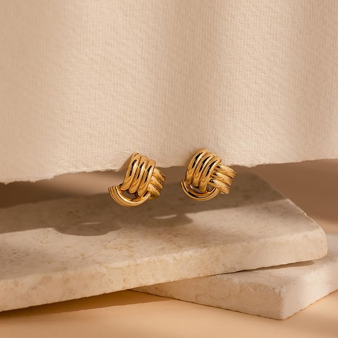 Gold Earrings for women Trendy - 14K Gold Plated Chunky Drop Dangle Knots Statement Earrings Hypoallergenic Lightweight Gold Jewelry Gifts