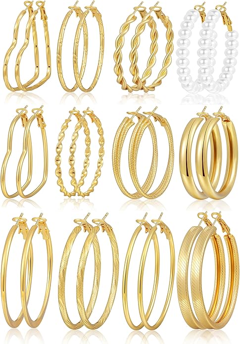 12 Pairs Chunky Gold Hoop Earrings for Women Trendy, Gold Plated Lightweight Hypoallergenic Stack, Thick Open Twisted Huggie Hoops Earring Set