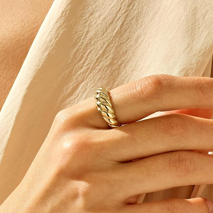 JINEAR 18k Gold Filled Chunky Rings for Women Croissant Dome Statement Ring Trendy Twisted Braided Band Stacking Star Rings Jewelry Gifts