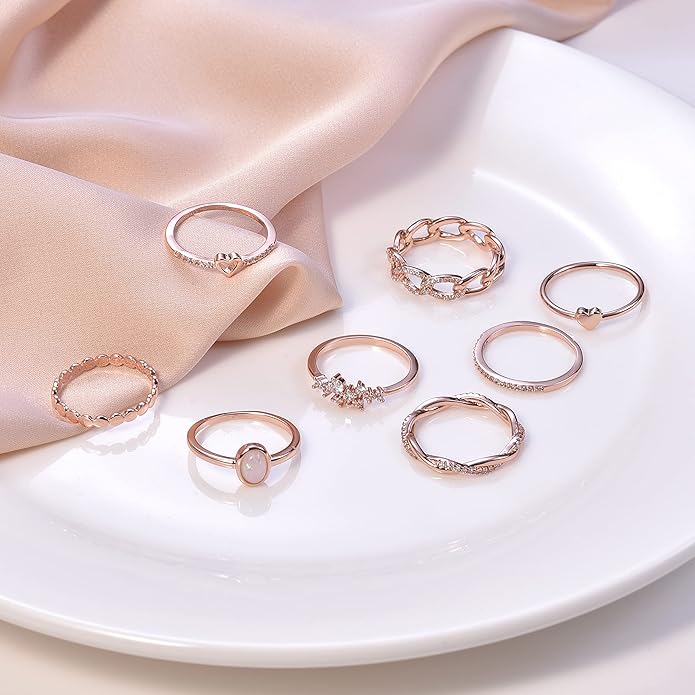 PLOMFOV 14K Gold/Silver Plated Stacking Rings Set for Women Non Tarnish CZ Heart Simple Cute Stackable Rings Dainty Trendy Gold Statement Rings Plain Band Size 4-12
