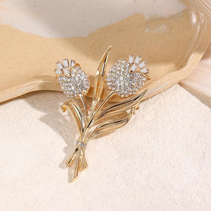 Crystal Brooch Vintage Floral Gold Pin Micro Pave Daisy/Tulip Rhinestone Embellishment for Women Holiday styles.
