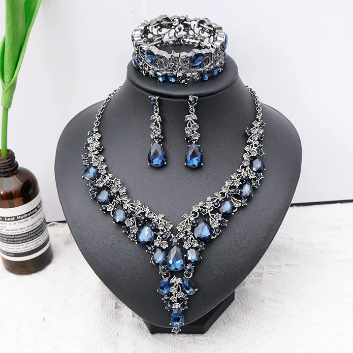 CSY Elegant Crystal Costume Jewelry Sets Flower Bridal Necklace Earrings Stretch Bangle Set for Bride Bridesmaid Wedding Dress Accessories