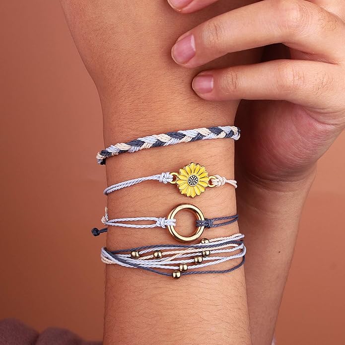 FANCY SHINY Sunflower String Bracelet Boho Braided Rope Wrap Bracelets Cute Summer Beach Surfer Jewelry for Women