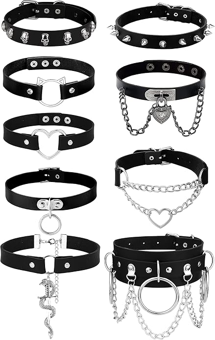 HAIAISO 6-9pcs Leather Punk Goth Choker Necklace with Love Heart Spikes, Adjustable Pu Collar for Women