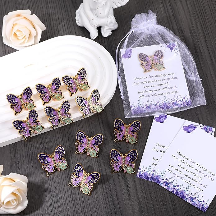 Funeral Favors for Guest Celebration of Life Favors Butterfly Pins Brooches Organza Bags Thank You Cards for Memorial Party Supplies Guest Family Friends Return Favors Funeral Gifts
