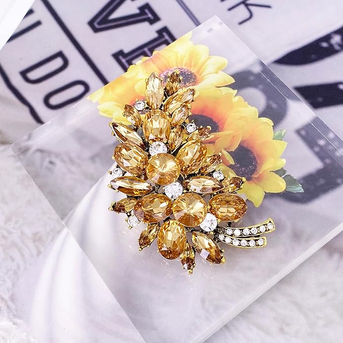 LAXPICOL Vintage Green Austrian Crystal Flower Leaf Bouquet Clusters Large Big Brooch Pin for Women Gold Tone