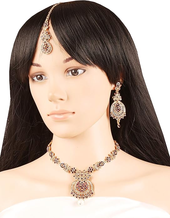 Touchstone Indian jewelry sets for women maang tikka wedding guest gold necklace bollywood jewellery set pageant elegant prom bride accessories western crystal chunky rhinestone necklaces