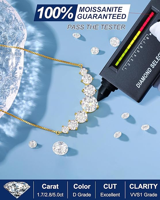 TUHE 7 Stones Moissanite Necklace for Women, 1.7-5.0 Carat Smile Moissanite Pendant Necklace 18k Gold Plated Sterling Silver 16.5+2.5 inch Box Chain Tennis Necklaces with Certificate of Authenticity