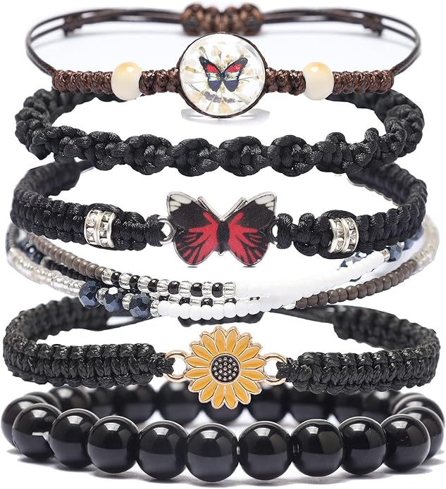 DS 6PCS String beads Charm Bracelets for Teen Girls Handmade Braided Rope Butterfly daisies Eternal flower Boho Surfer Bracelet for women Adjustable friendship Stretch birthday jewelry Gift Friends