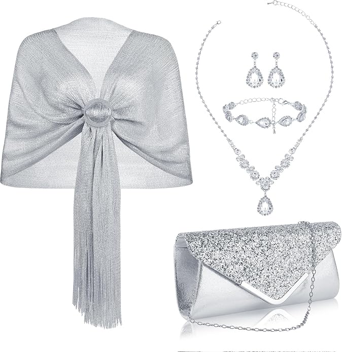 Hicarer 5 Pcs Dressy Jewelry Sets, Silver Shawls and Wraps, Clutch Purse for Homecoming Prom Evening Women Formal