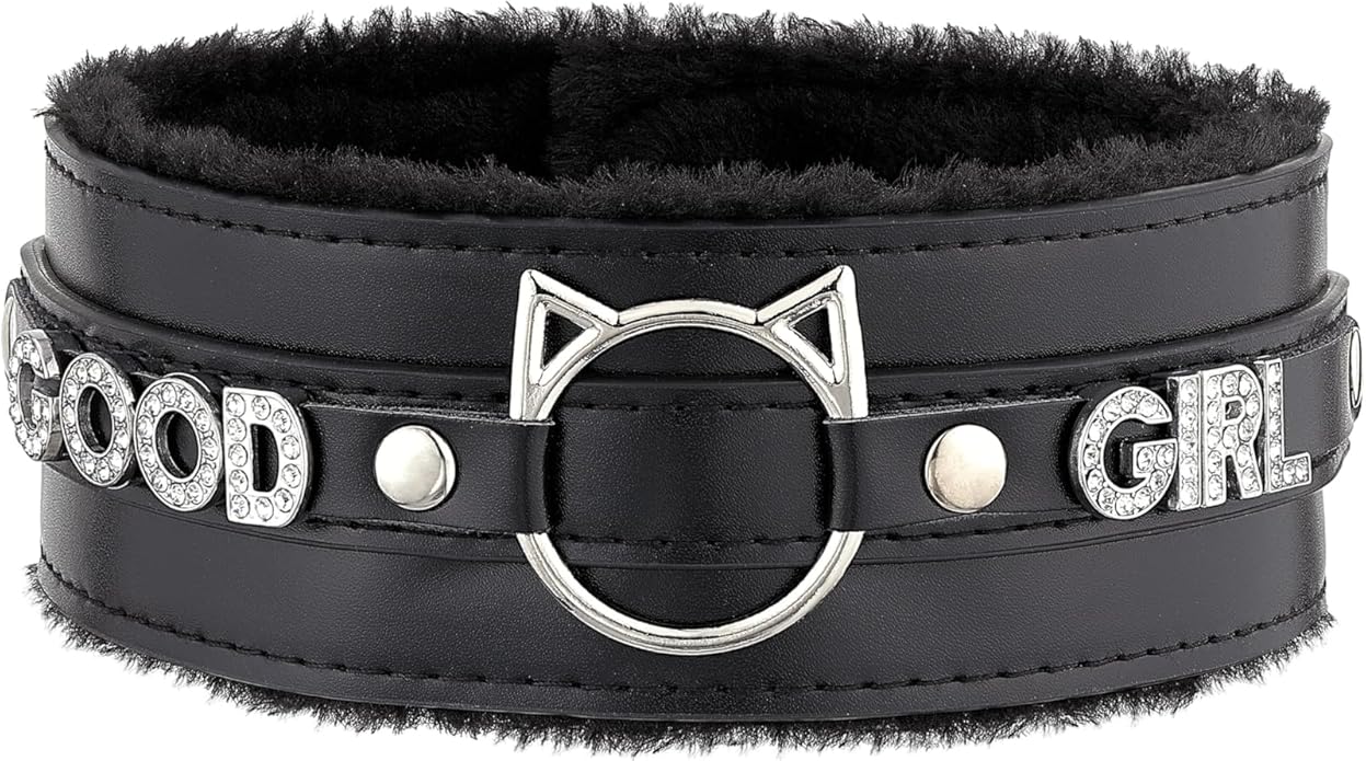 Handmade Collar Choker Necklace for Women – Cat Ear O-Ring Punk Goth Letter Choker,Black/Pink Furry Alt Fashion Jewelry