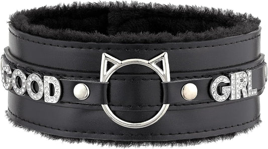 Handmade Collar Choker Necklace for Women – Cat Ear O-Ring Punk Goth Letter Choker,Black/Pink Furry Alt Fashion Jewelry