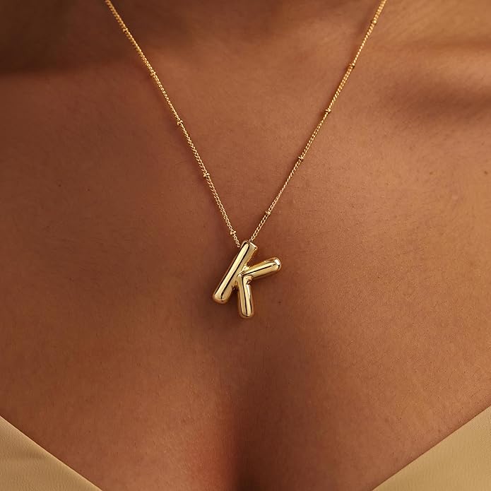 Inerney Valentines Day Gifts Gold Bubble Letter Necklace Initial Necklaces for Women, Chunky 14K Plated Balloon Initials, Trendy Charm Non Tarnish Custom Name Pendant Jewelry Gifts for Mom